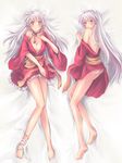  animal_ears ass bad_id bad_pixiv_id bandages bare_back barefoot bed bell blush breasts choker cleavage dakimakura genderswap genderswap_(mtf) highres inuyasha inuyasha_(character) japanese_clothes kimono legs long_hair looking_at_viewer lying medium_breasts multiple_views no_bra no_panties on_back on_side parted_lips ribbon_choker runliya short_kimono white_hair yukata 