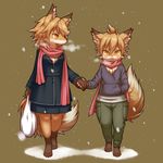  bag blush canine clothed clothing duo female fox hand_holding male mammal orange_eyes scarf shopping snow tsu_ji 
