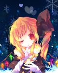  ana_(rznuscrf) bad_id bad_pixiv_id blonde_hair buttons coat finger_to_mouth flandre_scarlet fur gloves heart long_hair no_hat no_headwear no_nose one_eye_closed red_eyes side_ponytail sidelocks snowflakes solo touhou upper_body wavy_hair winter_clothes 