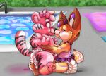  blue_eyes blush bow canine diaper eyes_closed feline female fox infantilism inflation kahncub kahncub_(characther) kalida latex mammal outside paws pink pink_body pool rubber stripes tiger water young 