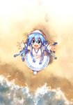  :d bad_id bad_pixiv_id beach blue_eyes blue_hair dress from_above hat ikamusume long_hair looking_up open_mouth reaching shinryaku!_ikamusume smile solo tentacle_hair yokoshima_(tirimoti) 