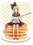  bad_id bad_pixiv_id blonde_hair blue_eyes bow food fork hair_bow kagamine_rin minigirl pancake shirozatou short_hair smile solo stack_of_pancakes syrup vocaloid 