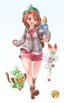  1girl absurdres ankle_boots ankle_socks aqua_background arms_up backpack bag boots brown_backpack brown_eyes brown_footwear brown_hair cardigan commentary creature_on_shoulder creatures_(company) cross-laced_footwear dress english_commentary female_protagonist_(pokemon_swsh) full_body game_freak gen_8_pokemon gradient gradient_background green_legwear grey_cardigan grookey highres holding holding_poke_ball mark_henry_bustamante nintendo open_mouth poke_ball pokemon pokemon_(game) pokemon_swsh red_dress running scorbunny short_hair signature simple_background sobble solo tam_o&#039;_shanter upper_teeth white_background 