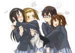  4girls ? akiyama_mio black_hair blazer blue_eyes blush breasts brown_eyes brown_hair enji127 female fukutarou_(enji127) glasses hand_on_head hard_translated hirasawa_yui hug jealous k-on! long_hair manabe_nodoka multiple_girls open_mouth school_uniform short_hair simple_background skirt tainaka_ritsu tears translated yuri 