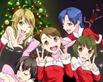  5girls ahoge akizuki_ryou amami_haruka bad_id bad_pixiv_id bare_shoulders blonde_hair brown_eyes brown_hair christmas_tree closed_eyes detached_sleeves double_v futami_ami ganaha_hibiki green_eyes hair_ribbon hat hoshii_miki idolmaster idolmaster_(classic) idolmaster_dearly_stars kisaragi_chihaya looking_at_viewer multiple_girls one_eye_closed open_mouth otoko_no_ko panties pantyshot pillow ribbon saliva santa_costume santa_hat sleeping smile tkhs underwear v 