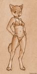  2009 bikini canine chest_tuft claws collar coonkun cub digitigrade female looking_at_viewer monochrome navel nipples skimpy smile solo standing 