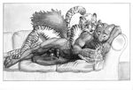  anthro arjuna canine duo feline gay greyscale male mammal monochrome nude precum reading skruff spooning tiberious tiger wolf 
