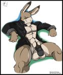  aaron abs balls big_balls bottomless chest_tuft clothed clothing flaccid fur green_eyes half-dressed jacket lagomorph male mammal muscles open_shirt pecs penis plain_background rabbit reclining shirt solo tuft white_background 