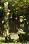  1girl bad_id bad_pixiv_id blonde_hair boots endou_yuu fairy green_eyes green_footwear green_hair green_hairband hairband hat instrument link nature navi ocarina pointy_ears saria smile the_legend_of_zelda the_legend_of_zelda:_ocarina_of_time 