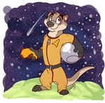  2009 :3 barefoot fishbowl for_science! gloves grey_eyes jumpsuit keravist looking_at_viewer male otter proud ray_gun solo space standing stars tail zipper 