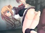  1boy 1girl ass bent_over breasts brown_hair fingering game_cg one_eye_closed panties pussy_juice thighhighs twintails underwear wink 