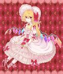  alternate_costume argyle argyle_background bad_id bad_pixiv_id blonde_hair bonnet bow brooch dress flandre_scarlet flower frilled_dress frills hair_bow highres jewelry lace lolita_fashion long_hair red_eyes red_flower red_rose ring rose side_ponytail solo too_many too_many_frills touhou wings wrist_cuffs yutsumoe 