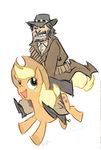  applejack_(mlp) blonde_hair cowboy_hat crossover cutie_mark equine eyes_closed female feral freckles friendship_is_magic green_eyes hair hat horse human john_marston male mammal my_little_pony open_mouth plain_background pony rdr riding rockstar russiandragon what white_background 