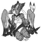  avian bird breasts collar feather_antennae female greyscale gryphon manda_panda monochrome naturally_censored plain_background sitting solo synchra white_background wings 