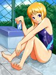  apokaridebu barefoot blonde_hair blue_eyes can competition_swimsuit copyright_request elpeo_puru gundam gundam_zz one-piece_swimsuit solo swimsuit wet 