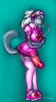  canine curled_tail dickgirl erection hair hyper intersex latex long_hair looking_at_viewer medical nurse penis purgy rubber solo standing stethoscope stockings tail turbinedivinity white_hair wolf 