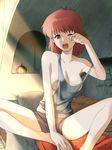  5_fingers 5_toes bed breasts brown_eyes cleavage clothed clothing female highres human mammal morning nausica&#228;_of_the_valley_of_the_wind nausicaa nausicaa_of_the_valley_of_the_wind nipple_slip nipples not_furry one_eye_closed pillow revealing shirt skimpy solo toes unknown_artist wink 