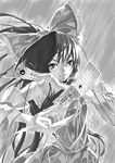  greyscale hakurei_reimu michiking monochrome ofuda rain solo touhou wet 