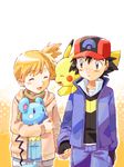  1girl azurill baseball_cap black_hair brown_eyes closed_eyes d-nezumi fingerless_gloves gen_1_pokemon gen_3_pokemon gloves hat holding_hands jacket kasumi_(pokemon) open_mouth orange_hair pikachu pokemon pokemon_(anime) pokemon_(creature) popped_collar satoshi_(pokemon) scarf shorts side_ponytail simple_background smile 