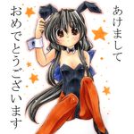  animal_ears black_hair brown_eyes bunny_ears bunnysuit clannad ibuki_fuuko imoko. long_hair pantyhose solo traditional_media translated wrist_cuffs 