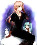  aikawa_sakuko aqua_eyes bad_id bad_pixiv_id black_dress dress hatsune_miku long_hair megurine_luka pink_hair sitting snow snowman solo vocaloid 