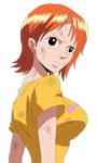  1girl breasts female large_breasts nami nami_(one_piece) one_piece orange_hair sabaody_archipelago shirt short_hair simple_background solo yellow_shirt 