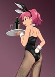  alcohol anifamu animal_ears ass bottle bunny_ears bunnysuit fishnet_pantyhose fishnets goblet hinata_natsumi keroro_gunsou pantyhose pink_hair red_eyes short_hair solo tray twintails wine 