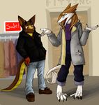  anthro brown_hair clothing coat couple duo english_text eric_the_dragon eyewear futonmania glasses hair i_dunno_lol long_hair male pants purple_eyes sergal shoes shopping shrug tail text yellow_eyes 