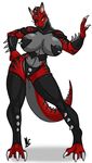  big_breasts black_nipples breasts carnotaurus claws clothed clothing fang_(character) fang_matos female horn horns lizard looking_at_viewer lordstevie nipple_slip nipples piercing plain_background pose reptile scalie skimpy solo spikes standing tail theropod wardrobe_malfunction white_background 