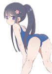  1girl ass bent_over black_hair blue_eyes blue_swimsuit from_behind gulp5959 hands_on_own_knees kneepits long_hair looking_back one-piece_swimsuit ponytail school_swimsuit shirosaki_hana simple_background solo swimsuit watashi_ni_tenshi_ga_maiorita! white_background 