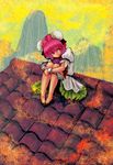  bandages bun_cover cuffs double_bun ibaraki_kasen kitayuki_kajika leg_hug pink_hair red_eyes rooftop short_hair solo touhou 