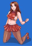  blue_background breasts brown_eyes brown_hair cheerleader high_heels large_breasts lips long_hair lowres matoyama midriff navel original pantyhose shoes sideboob simple_background skin_tight skirt solo 