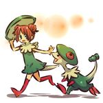  blue_eyes blush_stickers breloom double_bun dress gen_3_pokemon hat hat_removed headwear_removed hitec kneehighs moemon open_mouth personification pokemon pokemon_(creature) red_hair running smile tail 