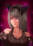  animal_ears blue_eyes bow breasts cat_ears cleavage copyright_request grey_hair headband lips long_hair medium_breasts solo upper_body yaichino 