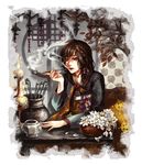  1girl \||/ bad_id bad_pixiv_id braid branch brown_eyes brown_hair flower hair_ribbon hanbok jeya kiseru korean_clothes leaf original photoshop_(medium) ribbon smoke smoking smoking_pipe solo table white_flower 
