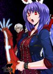  1girl animal_ears bad_id bad_pixiv_id blue_eyes bunny_ears cosplay crossover dante_(devil_may_cry) devil_bringer devil_may_cry devil_may_cry_4 erugiza nero_(devil_may_cry) nero_(devil_may_cry)_(cosplay) purple_hair red_eyes red_queen_(sword) reisen_udongein_inaba touhou white_hair 