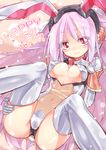  animal_ears breasts bunny_ears cleavage_cutout colored_eyelashes eyelashes headphones highres homura_subaru long_hair md5_mismatch medium_breasts original purple_hair red_hair smile solo thighhighs 