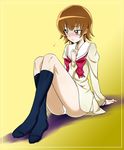  black_legwear blush brown_eyes brown_hair heartcatch_precure! kneehighs looking_away myoudou_gakuen_middle_school_uniform myoudouin_itsuki nakahira_guy no_shoes panties pantyshot precure school_uniform short_hair socks solo underwear white_panties yellow_background 