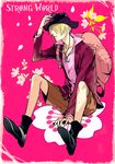  backpack bag blonde_hair futaba_hazuki hair_over_one_eye hand_on_headwear male_focus one_piece sanji sitting solo 