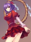  adapted_costume embarrassed hands md5_mismatch miniskirt purple_hair red_eyes rope shimenawa short_hair simple_background skirt solo sweatdrop touhou utakata_(kochou_no_yume) yasaka_kanako 