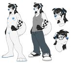  black black_fur black_hair black_markings blue_eyes blue_nipples blue_nose breasts canine casparr_(character) checkered checkers clothed clothing curious dog eyewear female freckles fur glasses grey_shirt hair hand_on_hip jailbird jeans mammal markings model_sheet nipples nude plain_background pose shirt small_breasts smile sneakers standing tank_top white white_background white_fur 