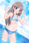  1girl aoi_canaan aoi_kanan atelier_(series) atelier_totori bikini blush brown_hair canaan_aoi character_request flat_chest loli long_hair navel ocean open_mouth purple_eyes sea smile solo source_request swimsuit totooria_helmold water 