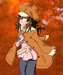  bad_id bad_pixiv_id bakemonogatari blouse brown_eyes brown_hair denim jacket jacket_on_shoulders jeans leaf monogatari_(series) pants sengoku_nadeko short_hair solo tea_(084630000) 