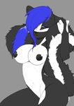  2010 big_breasts black black_nipples black_nose blue blue_eyes blue_hair breasts countershading female grey_background hair hair_over_eye half-closed_eyes holding_tail lips navel niis nipples nude shiny skunk solo streaks_skunk tail white 