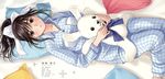  brown_eyes brown_hair bunny hair_ribbon highres long_hair love_plus mino_tarou official_art pajamas pillow ponytail ribbon solo stuffed_animal stuffed_bunny stuffed_toy takane_manaka 