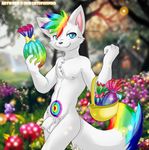  2010 balls basket blue_eyes bow_tie chest_tuft ear_tufts easter fangs feline flowers garden looking_at_viewer male nipples nude penis rainbow revy solo tail thick_foreskin uncut ursofofinho white 