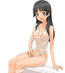  a1 absurdres adjusting_clothes adjusting_swimsuit arm_support black_hair breasts casual_one-piece_swimsuit green_eyes highres medium_breasts navel nipples one-piece_swimsuit open_mouth pool poolside saten_ruiko see-through sitting smile soaking_feet solo swimsuit to_aru_kagaku_no_railgun to_aru_majutsu_no_index water wet 