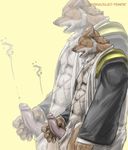  abs anthro biceps bleach canine cum cumshot dog fox fur male mammal masturbation muscles orgasm pecs penis plain_background rrowdybeast sajin_komamura shiba_inu shinigami silver_fenrir solo white_background wolf 