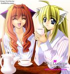  2000 animal_ears blonde_hair blue_eyes cat_ears chair cup female hair inside kemonomimi nekomimi pajamas red_hair smile table tea teapot tomoya_kankurou watermark 