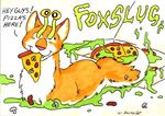  badge bushycat canine cute english_text food fox fox_slug foxslug goo mammal pizza plain_background slime slug text what white_background 